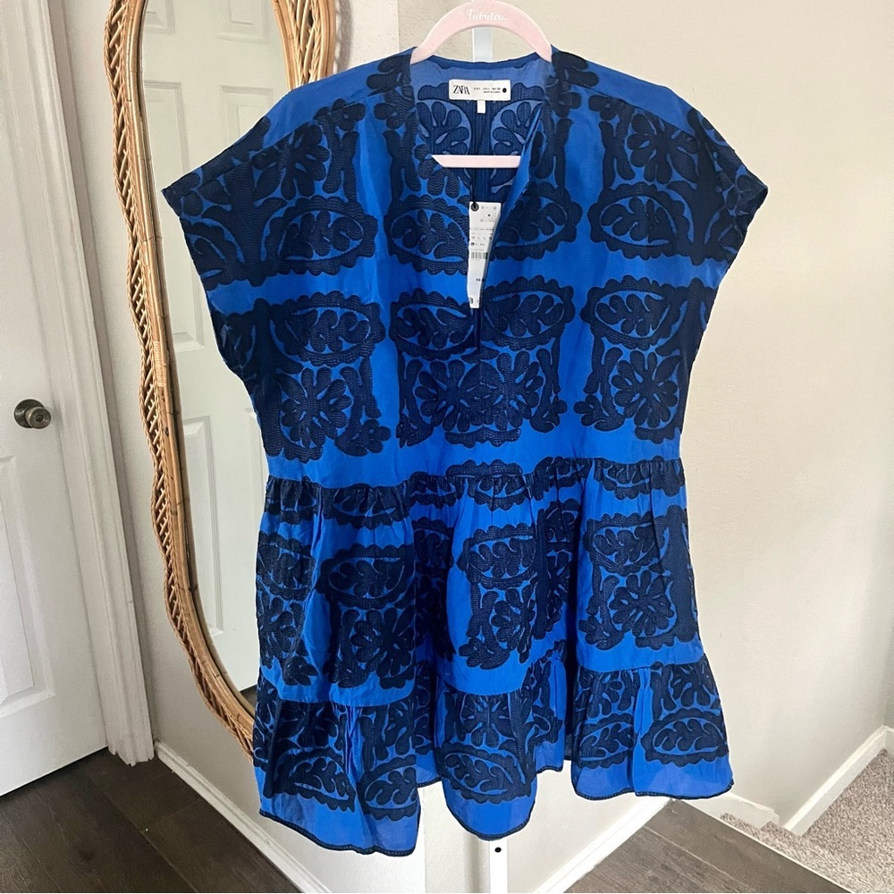 Zara / NWT Blue Embroidered Boho Cotton Mini Dress Baby Doll A-Line Tent Dress